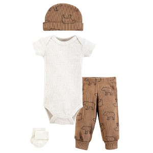 Hudson Baby Boys Thermal Preemie Layette Set 4pc Short Sleeve Outfit, Bear, Preemie - 1 of 4