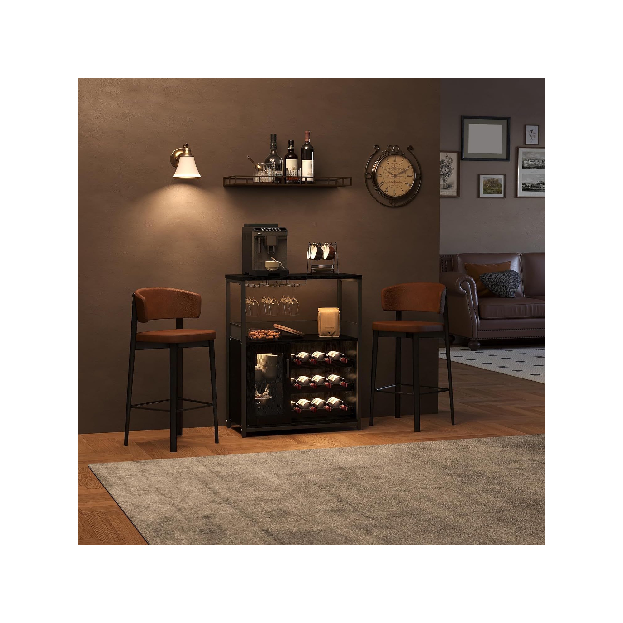Acekool 3-Tier Wine Bar Cabinet with Glass Holder & Mesh Door, Removable 12-Bottle Rack, Adjustable Shelves, Serving Top for Kitchen or Living Room