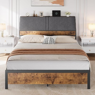 Bed Frame with Storage & Charging Station, Upholstered Platform Bed, Ergonomic Headboard, Reinforced Metal Support, No Box Spring Needed, Brown
