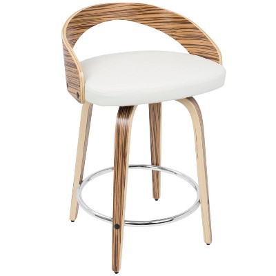 Zebra Wood and White Faux Leather Swivel Counter Stools, Set of 2