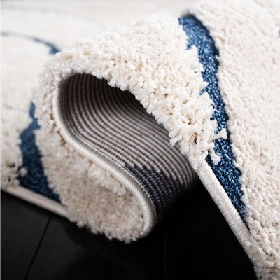 Cream and Blue Round Hand-Knotted Shag Area Rug
