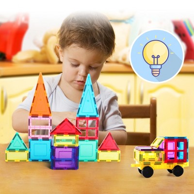 PicassoTiles 61-Piece Multicolor Magnetic Building Blocks Set with Car Base