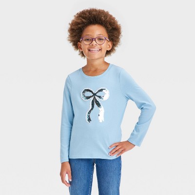 Girls Long Sleeve Flip Sequin bow T shirt Cat Jack Dusty Blue S Target