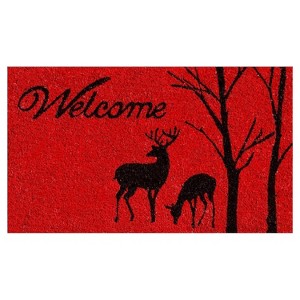 HomeRoots 17" X 29" Red And Black Christmas Deer Welcome Outdoor Coir Door Mat - 1 of 4