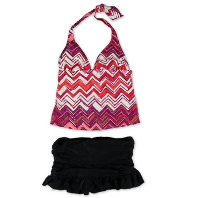Island Escape Womens Striped Ruffled Skirtini 2 Piece Tankini