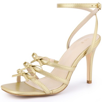 BLISSFUL STEP Women's Square Toe Stiletto Heel Bow Heeled Sandals