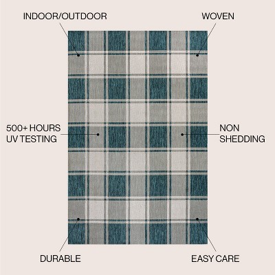 Turquoise and Cream Gingham 8' x 10' Synthetic Indoor/Outdoor Rug