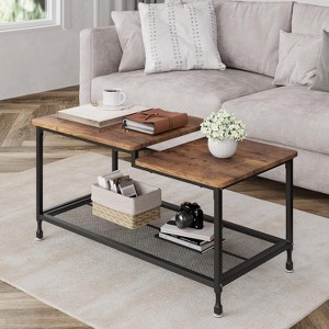 Industrial Coffee Table 2-Tier Rectangle Storage Cocktail Table Living Room Table with Mesh Shelf Metal Frame Sturdy Coffee Table, Rustic Brown - 1 of 4