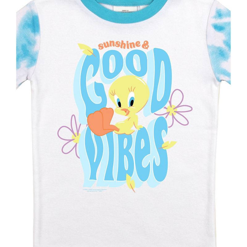 Looney Tunes Tweety Bird Sunshine and Good Vibes Youth Girl Short Sleeve Cloud Wash Pajama Set, 3 of 5