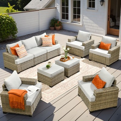 XIZZI All-Weather Rattan Furniture, Sectional Sets w/ Optional Solar Light-Up Coffee Table & Ottoman, Choose 6-9pc Configs in 8 Fade Resistant Colors