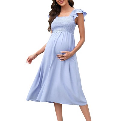 Maternity Dress - Shirred Flutter Cap Sleeve Square Neck Ruffle Midi Dress for Baby Shower Photography,Sky Blue - 2XL