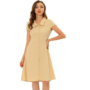 Allegra K Women's Short Sleeve Cotton Work Collar Midi Button Down A Line Dresses - 1 of 4