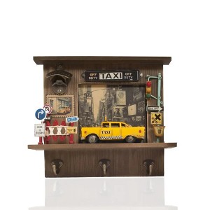 Old Modern Handicrafts NYC Checker Taxi Shadow Box – Vintage Wall Decor with Key Hooks & Bottle Opener, 13" - 1 of 4