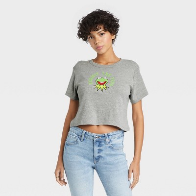 Women's St. Patrick's Day Kermit Baby Doll Short Sleeve Cropped Graphic T-Shirt - Gray