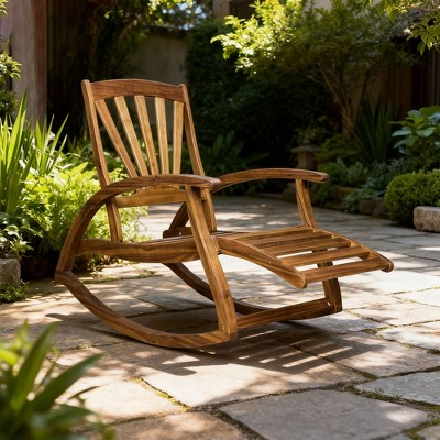 Outdoor Acacia wood Rocking Chair with Retractable foot panel,Rocker Patio Rocking Chair for Porch, Patio, Balcony