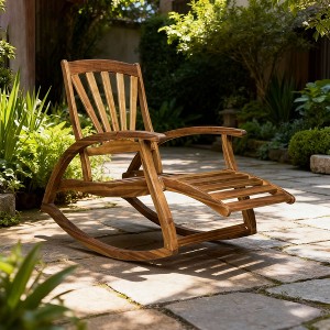 Outdoor Acacia wood Rocking Chair with Retractable foot panel,Rocker Patio Rocking Chair for Porch, Patio, Balcony - 1 of 4