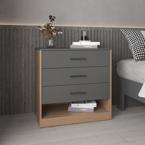 Alder 27" High Three Drawer Dresser And Open Shelf, Bedroom, Entryway, Side Board, Matte Gray - Natural Oak - 1 of 1