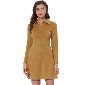 INSPIRE CHIC Women's Regular Fit Faux Suede Lapel Neck Long Sleeve Elegant A-Line Mini Dress - 1 of 4
