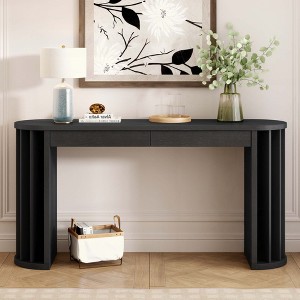 KIGFTSOD Long Oak Veneer Console Table with Curved & Straight Line Design, Behind the Couch Farmhouse Table for Entrance Hallway Living Room - 1 of 4