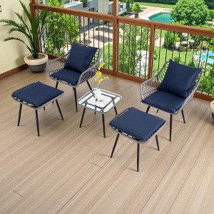 5-Piece Outdoor Wicker Bistro Chairs Set with 2 Armchair, 2 Ottoman, and Glass Coffee Table - 1 of 4