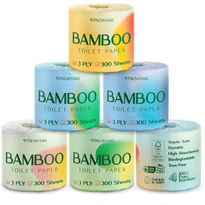 Palm Naki Bamboo Toilet Paper 3-Ply 300 Sheets/Roll, Strong & Absorbent, Gentle Tree-Free