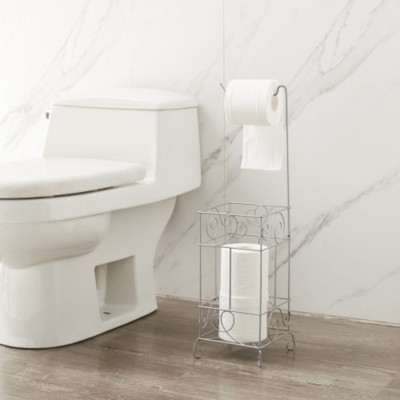 Silver Metal Toilet Paper Holder with Frame, Bathroom Tissue Stand Organizer