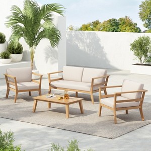 Scott Living Edith 4-Piece Outdoor Acacia Wood Patio Seating Set with Coffee Table and Water-Resistant Beige Cushions - 1 of 4