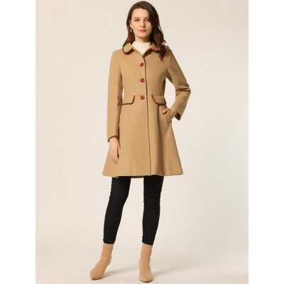 Allegra K Women's Peter Pan Collar Contrast Trim Single Breasted Winter Long Coat Khaki Small — фото 3