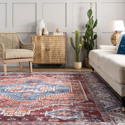 Blue Rectangular Synthetic Medallion Washable Area Rug