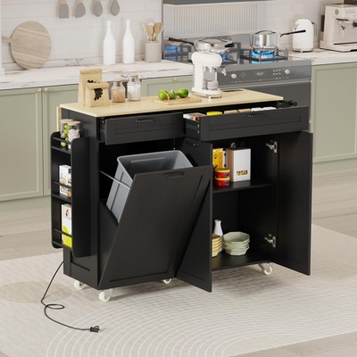Rolling Kitchen Island with Power Outlet & Drop Leaf, Kitchen Island Cart with Trash Storage Cabinet
