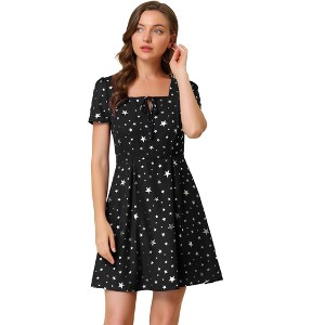 Allegra K Women's Printed Summer Casual Square Neck Short Sleeve Fit and Flare Dress - 1 of 4