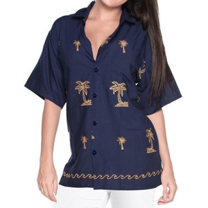 LA LEELA Women's Casual Solid Short Sleeve Blouse Shirt TShirts Button Up Dress Tops Tee Shirts Hawaiian Blouses for Women - 1 of 4