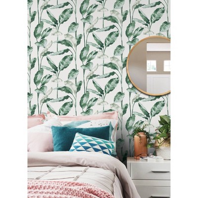 Teal and White Vinyl Peel and Stick Banana Leaf Wallpaper