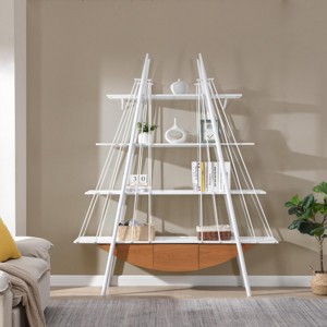 Sailboat-Inspired Bookshelf,4-Tier Open Storage Shelf with Drawer, Wooden & Metal Freestanding Bookcase for Living Room,Office & Home-Tanpinhause - 1 of 4