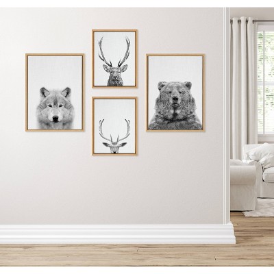 Natural Wood Framed Black and White Animal Canvas Art Set