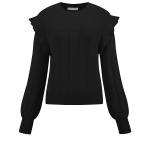 INSPIRE CHIC Women's Ruffle Long Sleeve Crew Neck Ribbed Knit Sweater Black Small - 1 of 4
