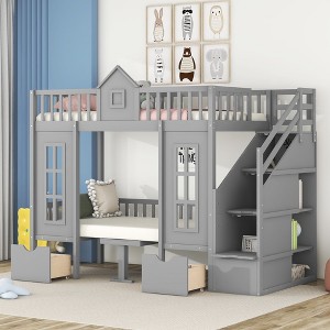 NicBex Twin over Twin Bunk Bed with Changeable Table Pine Bed Frame with Drawers, Shelves, Storage Stairs and Guardrail, No Box Spring Required - 1 of 4