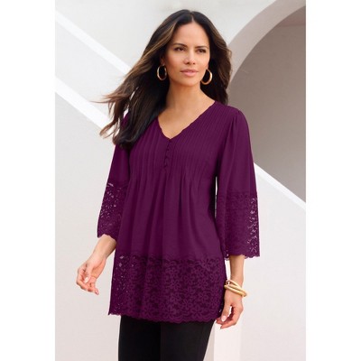 Roaman's Women's Plus Size Lace-Hem Pintuck Tunic