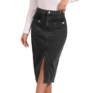 Allegra K Women's Button Down Two Pockets Split Hem Casual Jean Demin Skirt - 1 of 4