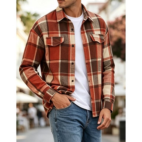 Мужское пальто YesFashion Men Plaid Button Down Shirt Jacket Lapel Collar Long Sleeve Shacket Casual Flap Pockets Overshirt Coat, L, Orange, цвет: Оранжевый