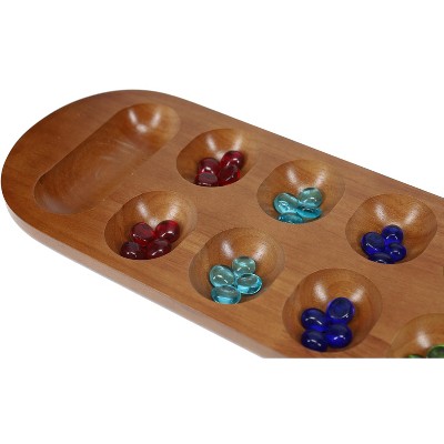 Solid Wood Mancala Board Game with Walnut Stain and Glass Pieces