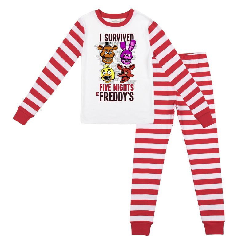 Five Nights At Freddy's Youth Boy's Red & White Striped Long Sleeve Shirt & Sleep Pant Set, 1 of 5