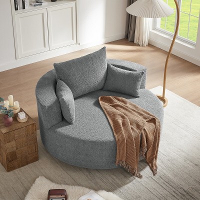 360° Swivel Barrel Chair,Oversized Round Living Room Chair with Deep Seat and Removable Pillows,Chenille Upholstery–Maison Boucle