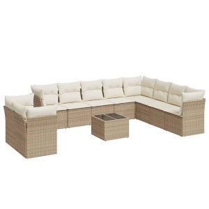 vidaXL Patio Sofa Set with Cushions Outdoor Furniture 11 Piece Poly Rattan - Beige and Cream With Table - 1 of 4