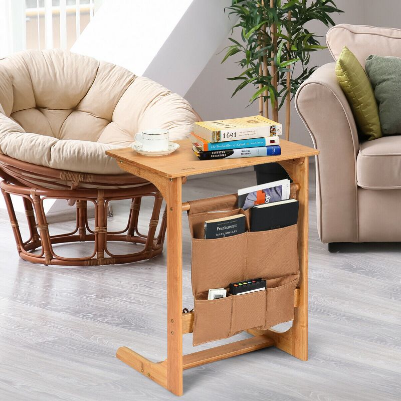 Costway Bamboo Sofa Table Laptop Desk Coffee Snack End Table Bedside Table W/Storage Bag, 4 of 11