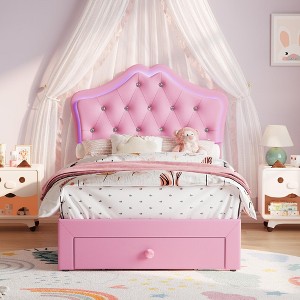 Twin Bed Frame with LED Lights, Upholstered Platform Bed with Storage Drawer & Crystal Tufted Headboard for Kids - 1 of 4