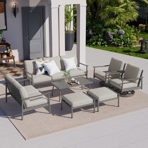 HAPPATIO 7 Pieces Outdoor Conversation Set with 1 Three-Seater Sofa, Loveseat, Coffee Table, 2 Swivel Chairs and Ottomans - 1 of 4