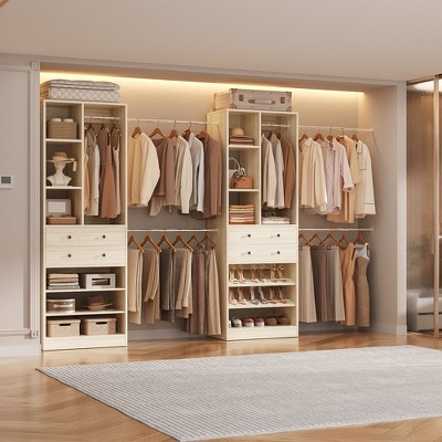 Aheaplus Walk-In Closet System with 6 Hanging Rods and Adjustable Shoes Shelves, Wooden Closet Storage with Drawers