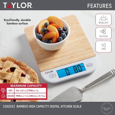 Taylor Digital Bamboo Kitchen Scale with Blue Backlight Display