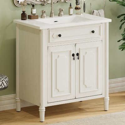 Grungis Vintage Bathroom Vanity with Sink and Rubber Wood Legs,Rustic Bathroom Cabinet with Soft Close Doors and Adjustable Shelf